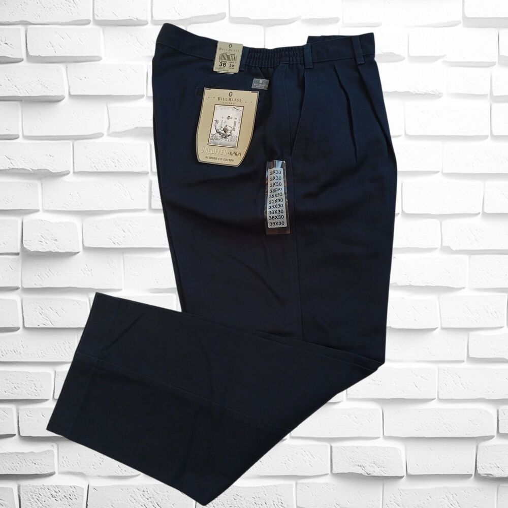 Bill Blass Pleated Front Relaxed Fit Khaki Pant, Size: 38"x30", Navy, Cotton NWT
